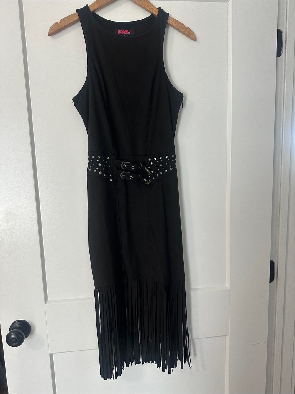 Black Sleeveless Maxi Dress with Studded Belt & Fringe Hem